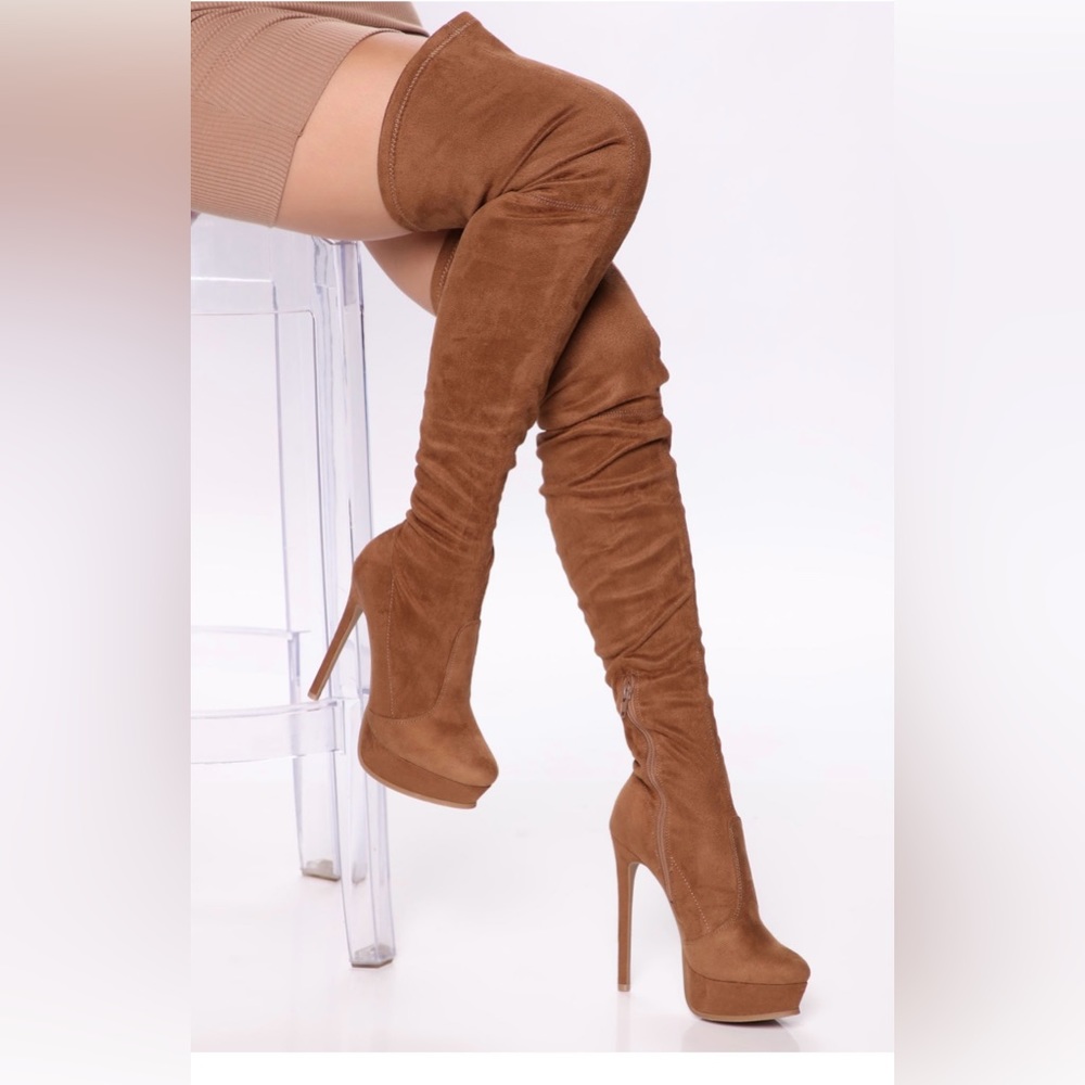 Fashion Nova Taupe Over The Knee Suede Platform Boots